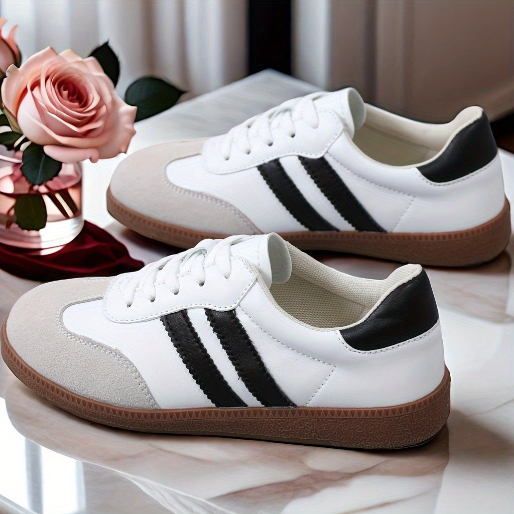 Women's Striped Flat Sneakers, Casual Lace Up Outdoor Shoes.