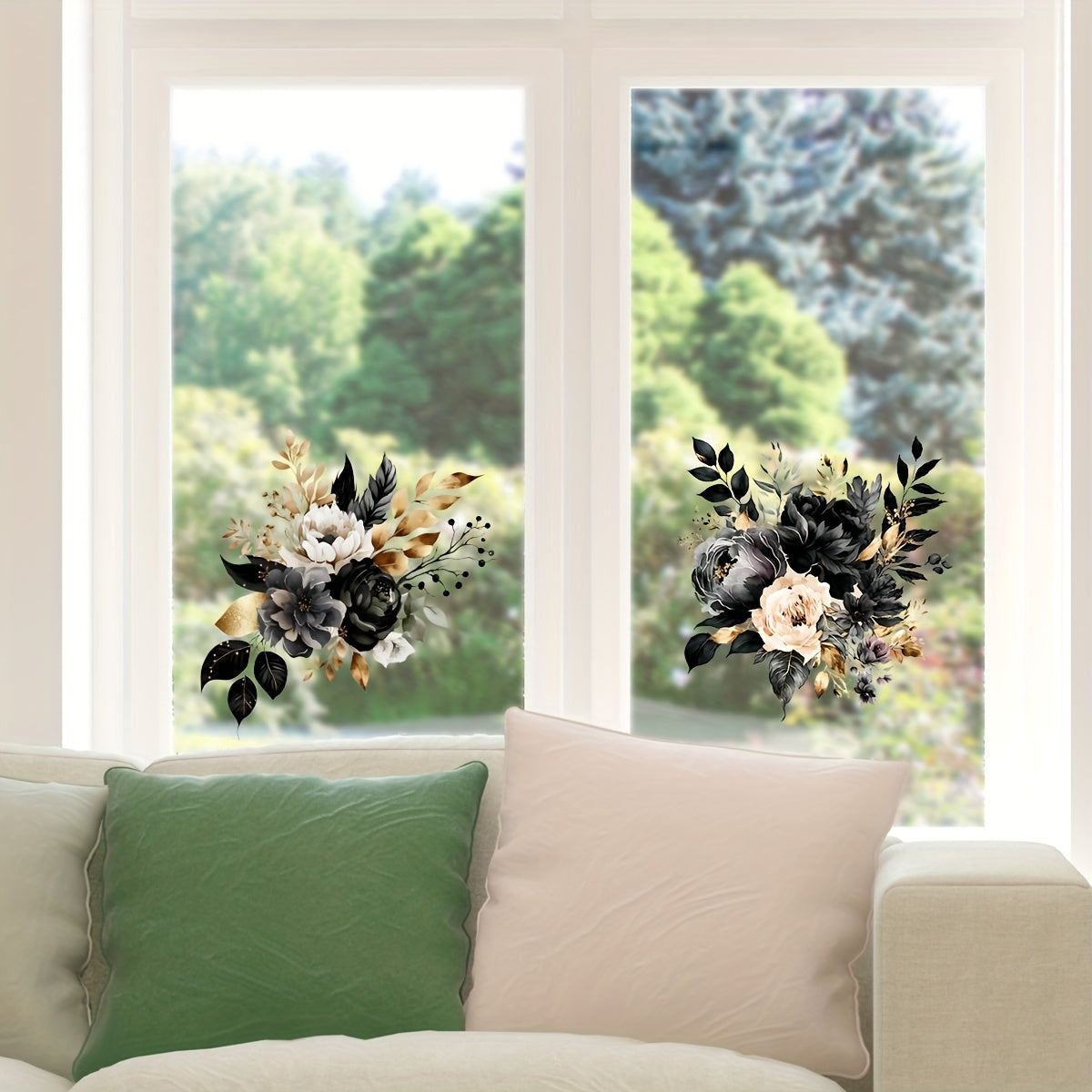 2 Elegant Floral Window Clings in Contemporary Black and Golden PVC - Decorative Glass Decals, Self-Adhesive and Removable Stickers for Displaying in Home and Office Windows, Window Decorations