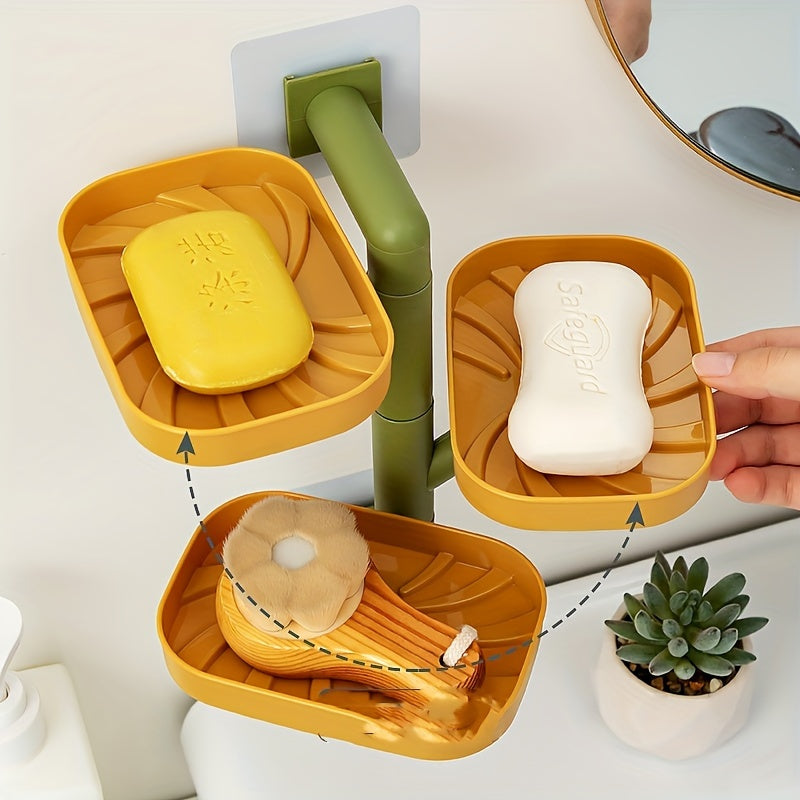 Rotating wall-mounted soap dish with drain - No-drill bathroom organizer for soap and accessories