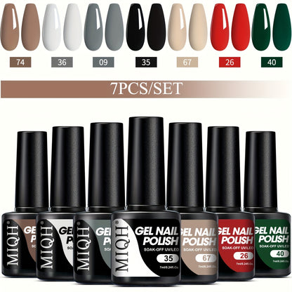 7-piece gel nail polish set in black, white, and nude shades. Semi-permanent, soak off UV/LED varnish. Unscented for hands, feet, and nails.