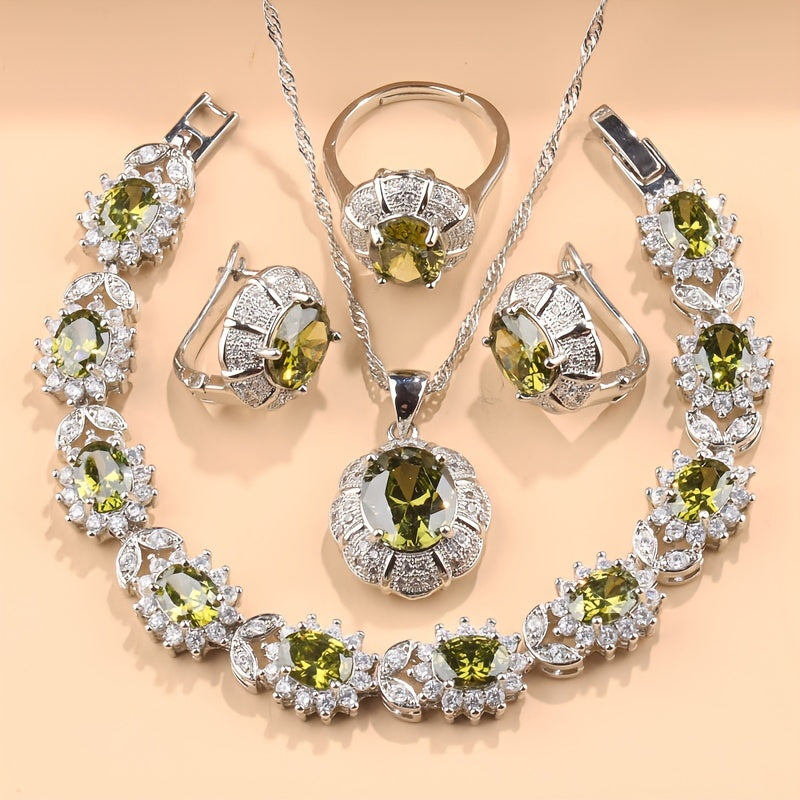 Elevate your look with this stunning 5-piece jewelry set for women. Each piece is beautifully silvery plated and accented with sparkling cubic zirconia for a touch of elegance. This set includes a dainty necklace, earrings, ring, and bracelet, making it