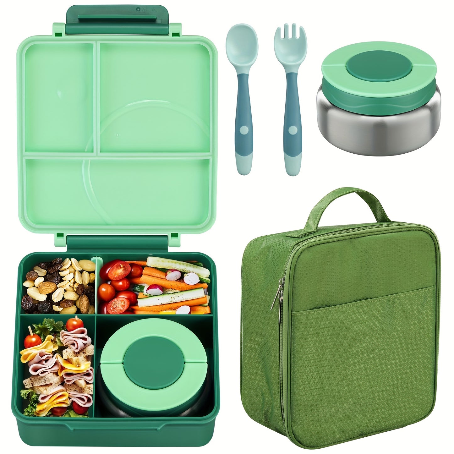 Bento lunch box set with 8oz soup thermo, leak-proof containers with 4 compartments, kids hot food jar, and insulated lunch bag.