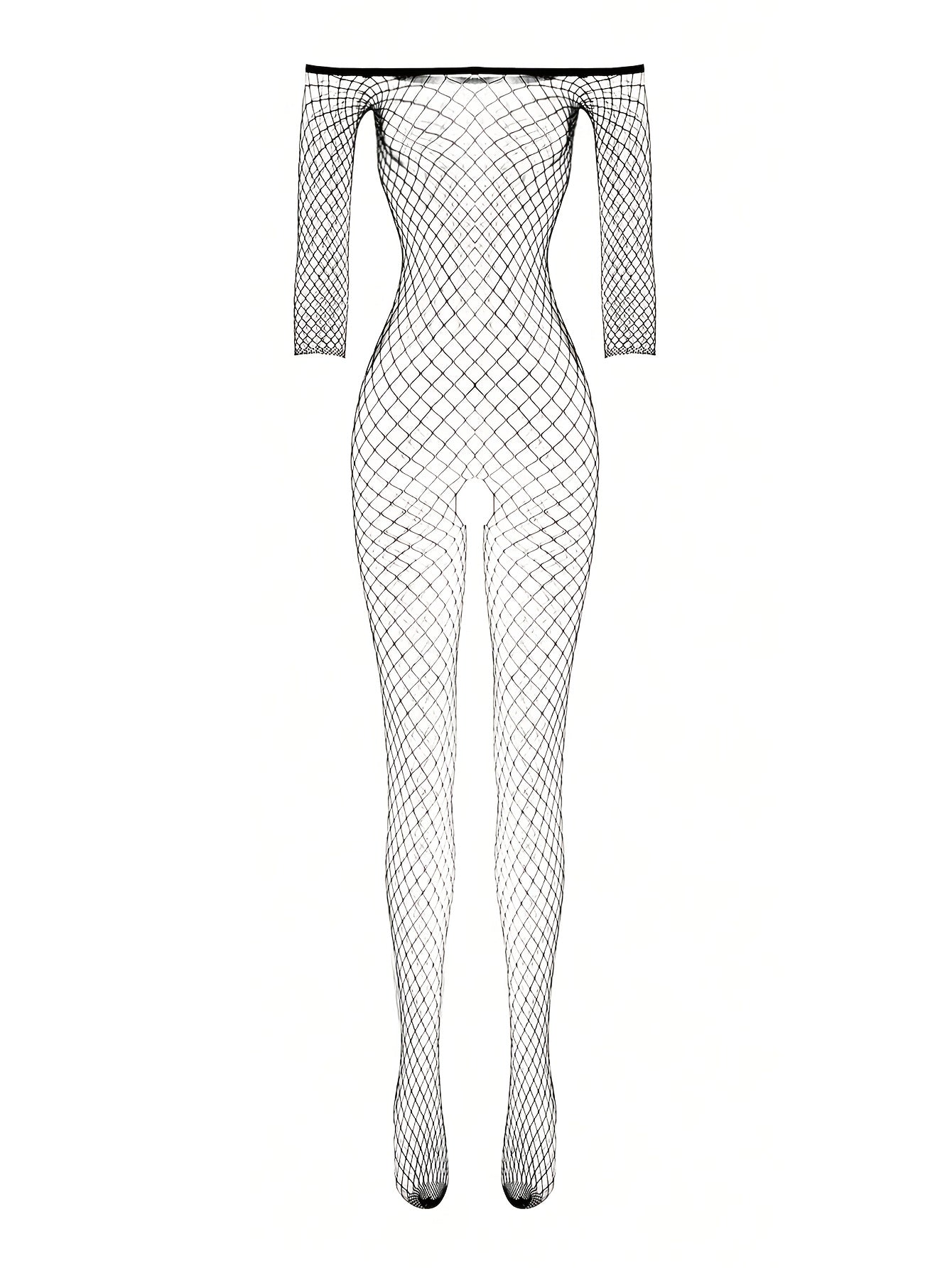 One-shoulder sexy bodystocking in fishing net material.