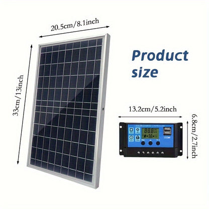 Portable solar panel kit with 100A controller and USB 5V charger for RVs, boats, camping, hiking, phones, watches, and pet beds. Powered by solar energy.