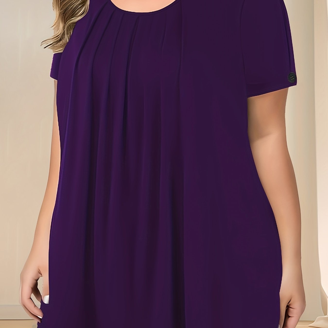 Pleated button detail T-shirt for plus size women, perfect for spring & summer.