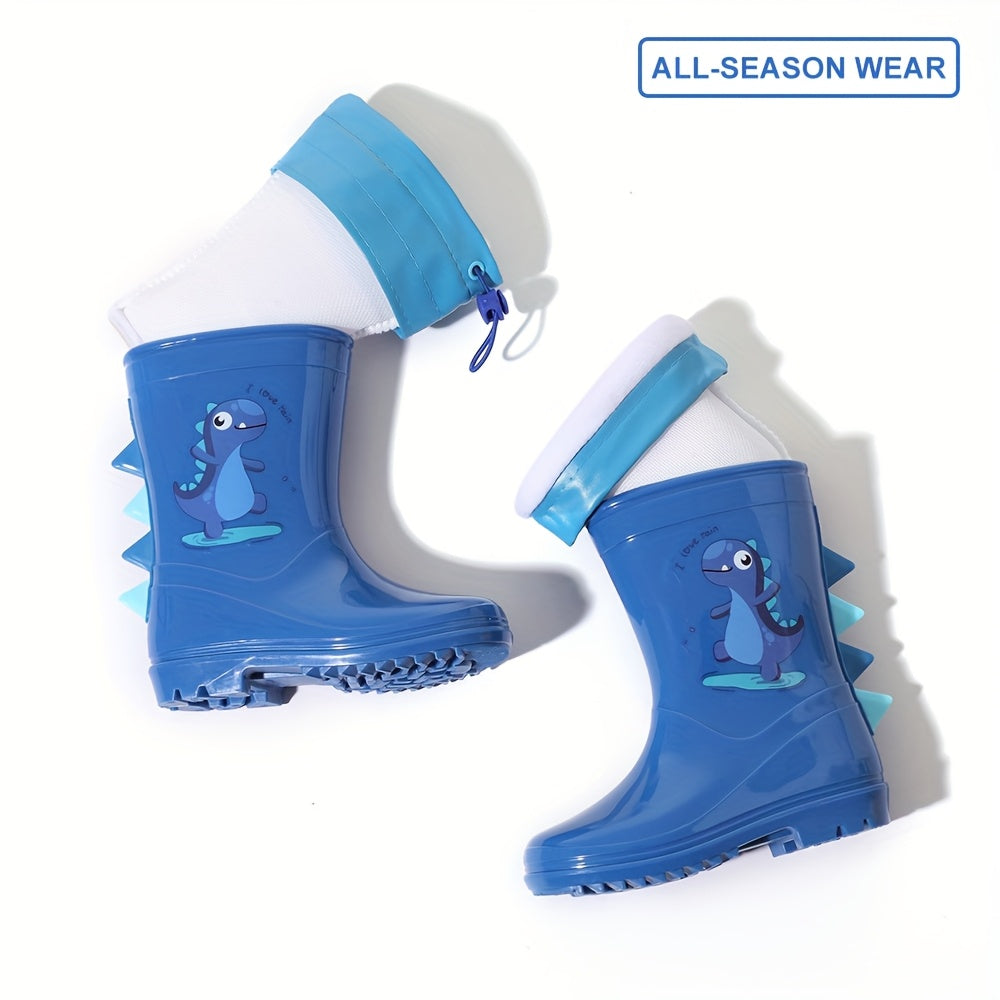 Child's dinosaur rain boots that are thermal detachable, non-slip, waterproof, comfortable, and suitable for all seasons.