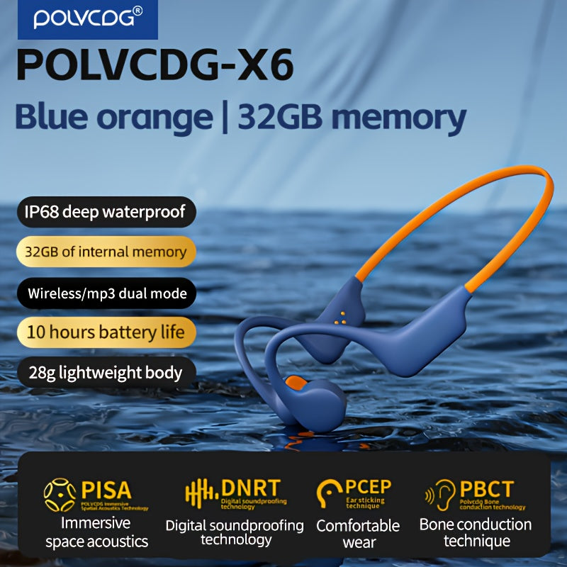 POLVCDG X6 Wireless Bone Conduction Headphones with IPX-8, 10H Battery, 32GB Memory, Lightweight design, Sound Isolation, Volume Control, and Condenser Mic. Suitable for Swimming, Cycling