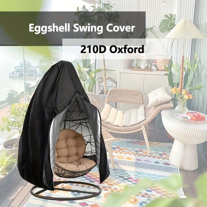 Waterproof and wind-proof black cover for a patio hanging egg chair with zipper and bottom buckle.