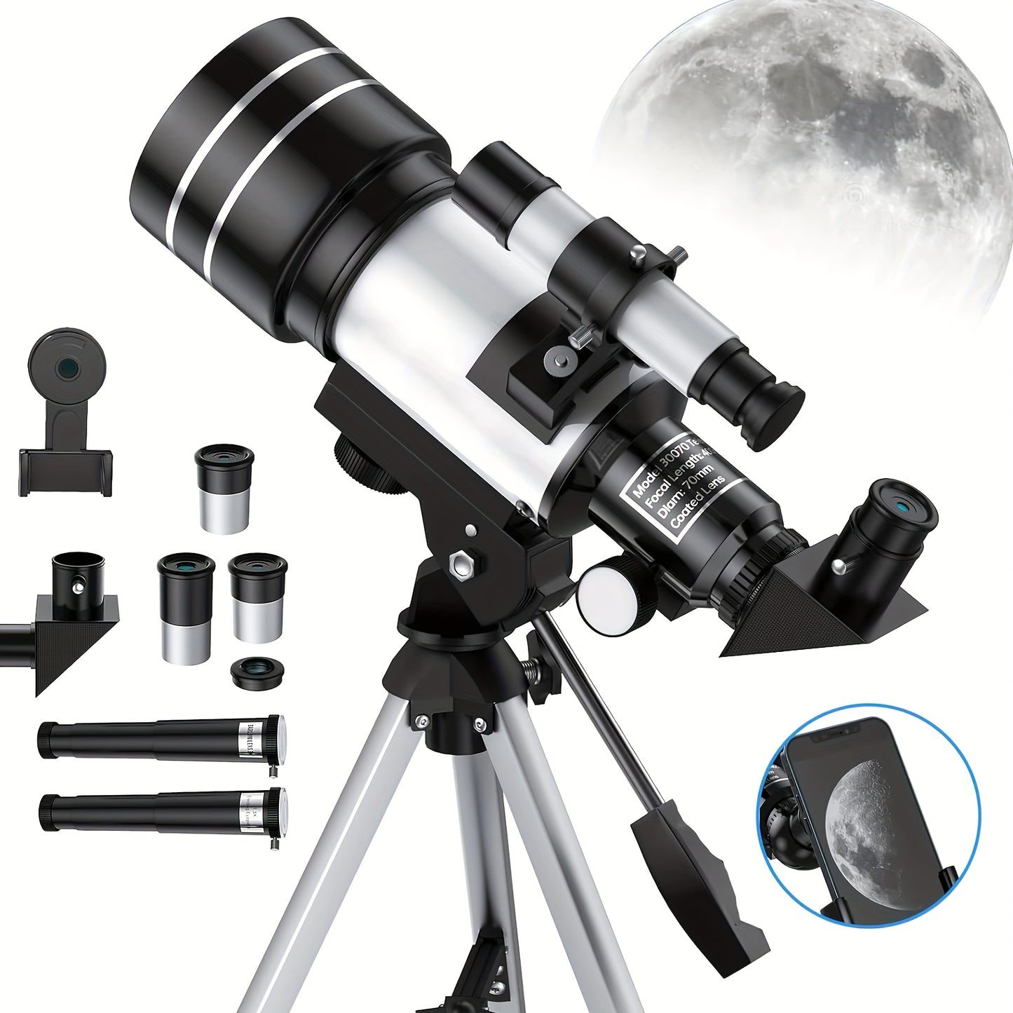 SUNCORE 70mm Aperture Astronomical Refractor Telescope for Adults with 300mm Portable Tripod, Phone Adapter & Accessories.