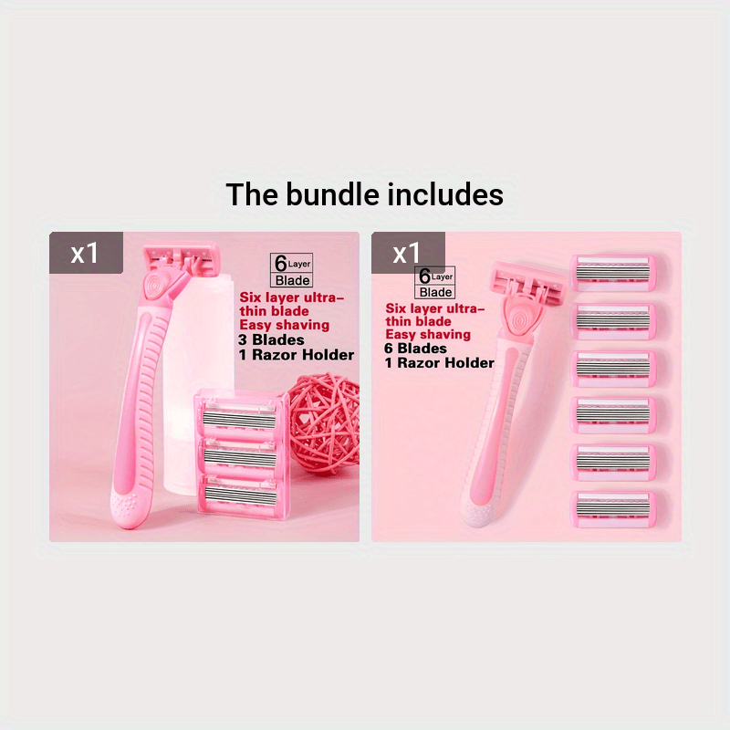 Women's bikini hair removal kit with 6-layer stainless steel blades, replaceable heads, hypoallergenic, and washable for all skin types.