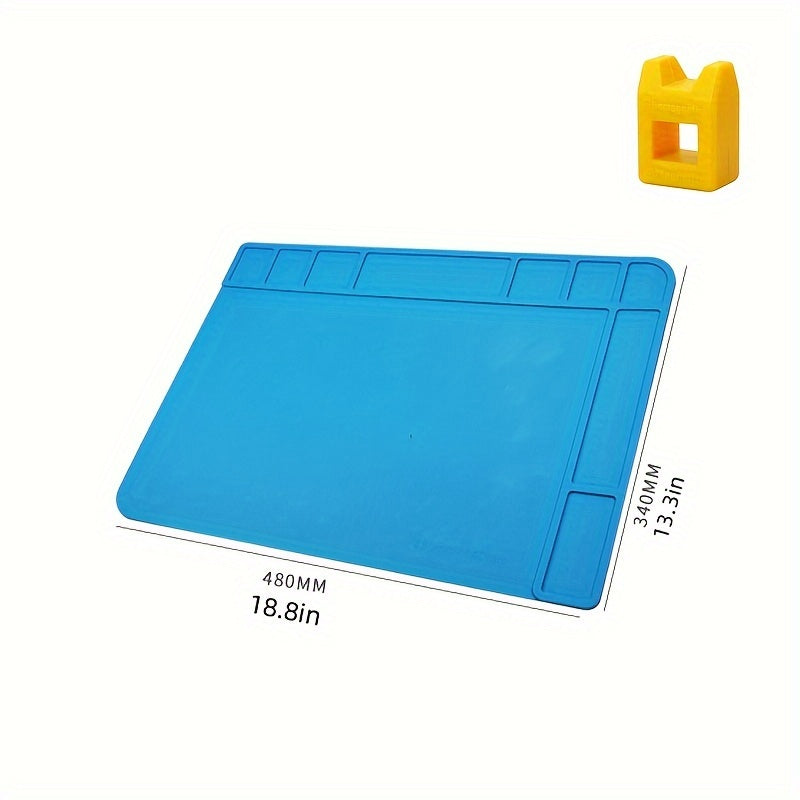 Silicone repair mat with magnetic tools for mobile phone and computer repair. Great for high-temperature heat gun welding. Ideal for digital repair workstations.