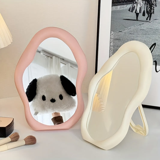 Portable cloud-shaped folding makeup mirror with floral theme, polished glass surface, plastic frame, dresser mount, no electricity needed for home, dorm, and travel.