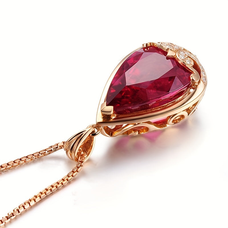 Elegant water drop-shaped pendant necklace coated in rose gold with simulated pigeon blood red and sapphire stones, exuding European and American flair for fashion-forward women.