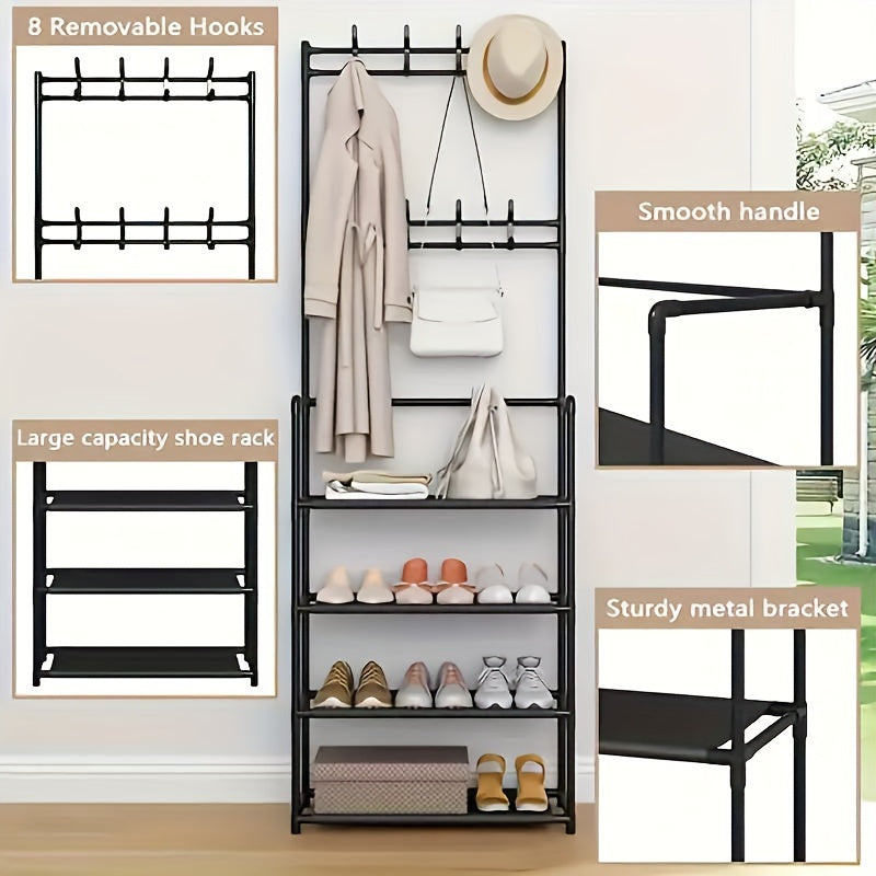 Durable 5-tier black metal shoe and hat rack with 8 hooks, ideal for entryway or living room. Easy assembly and versatile storage solution.