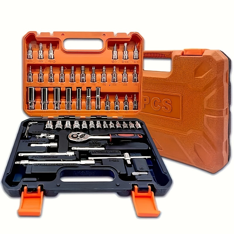 High-quality car repair kit includes essential tools for automotive maintenance and repair, featuring quick ratchet wrenches and mechanical repair tools, battery-free.