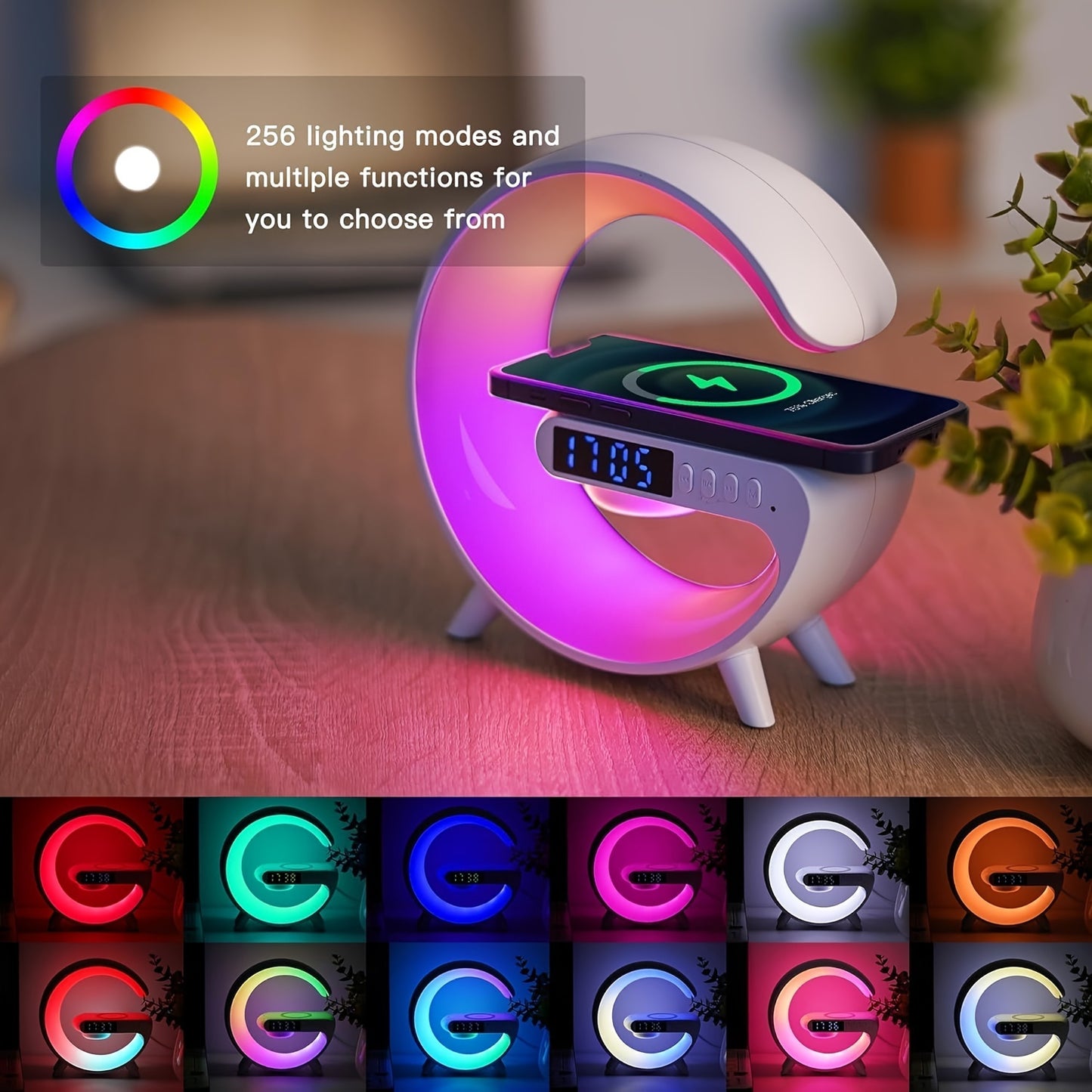 Smart lamp with wireless speaker and charging function for smartphones wakes up with light music.