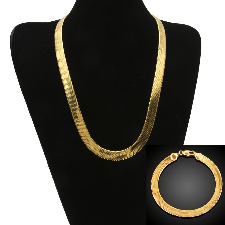 Men's Fashion Accessory Set: 2-piece Golden-Tone Flat Herringbone Necklace and Bracelet