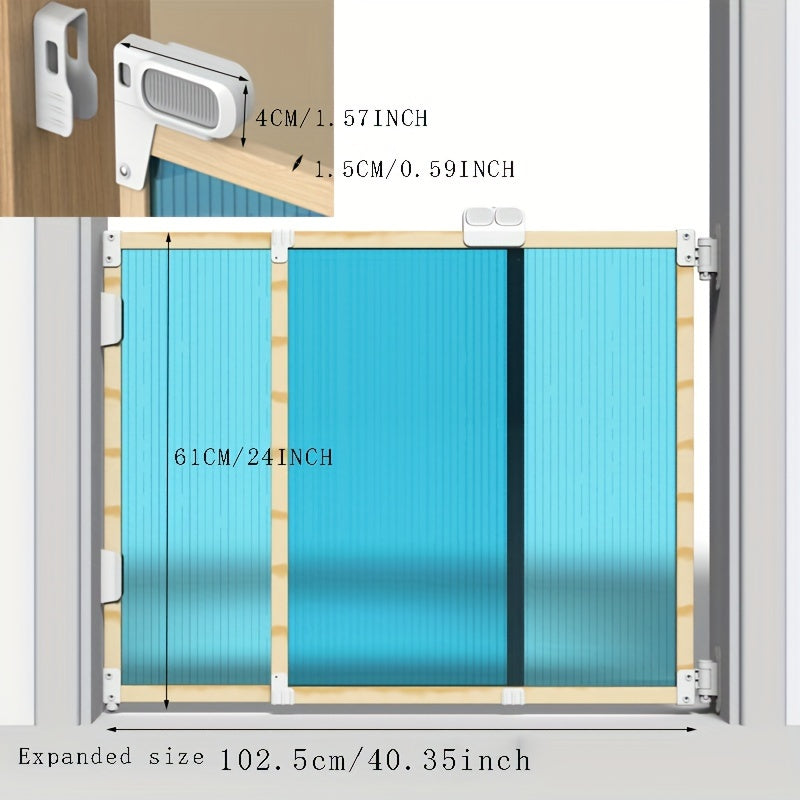 The TWO DADS Baby Gate is an expandable safety barrier for indoor use, suitable for staircases, doorways, and hallways. This puppy gate requires no assembly and can be easily installed with adhesive. It features a plastic hinge material and a sturdy