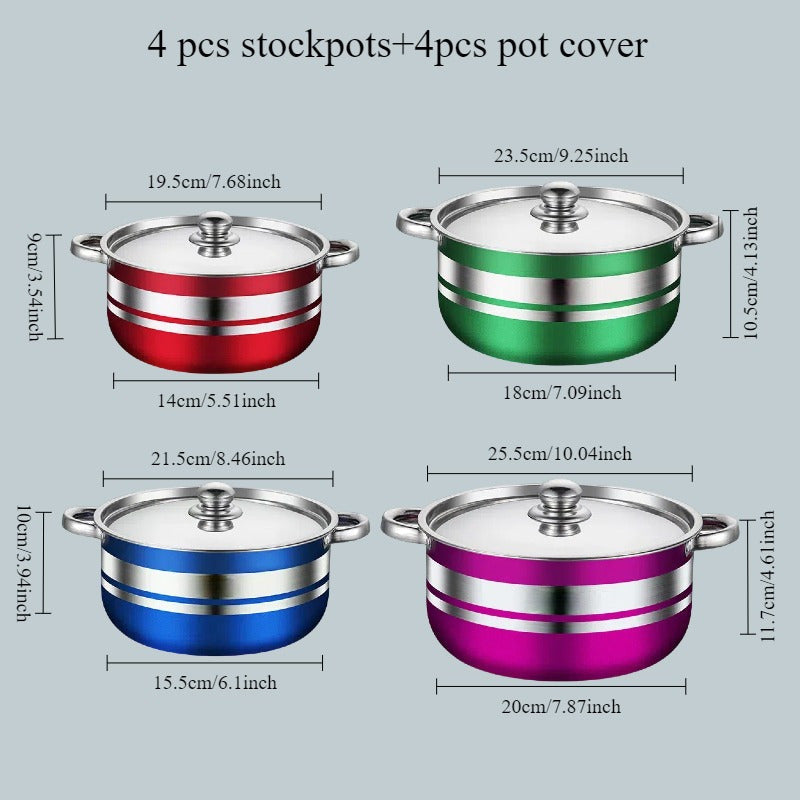 Durable Set of 9 Stainless Steel Soup Pots with Lids - Ideal for Induction and Gas Stoves, Versatile Cookware for Home Cooking