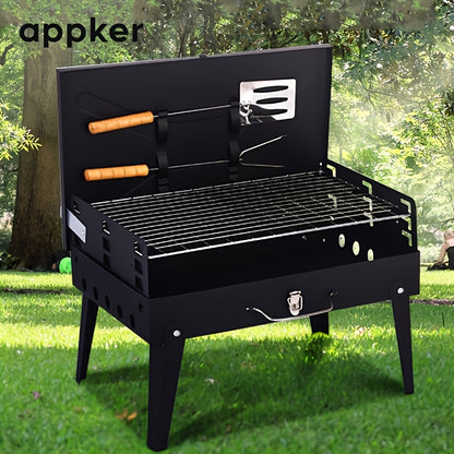 Appker Portable Charcoal BBQ Grill Set with foldable cast iron design, polished finish, windproof & dustproof lid, and includes BBQ tools.