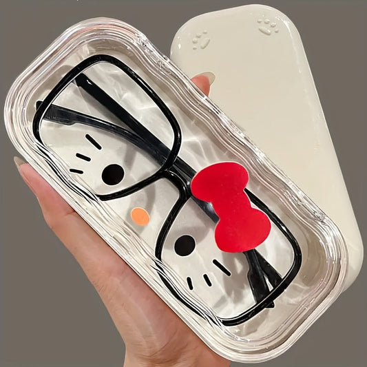 Chic Folding Glasses Case for Women - Hello Kitty Inspired, with Bow Detail & Non-Slip Grip - Made with High-Quality Transparent ABS Plastic, Portable Design