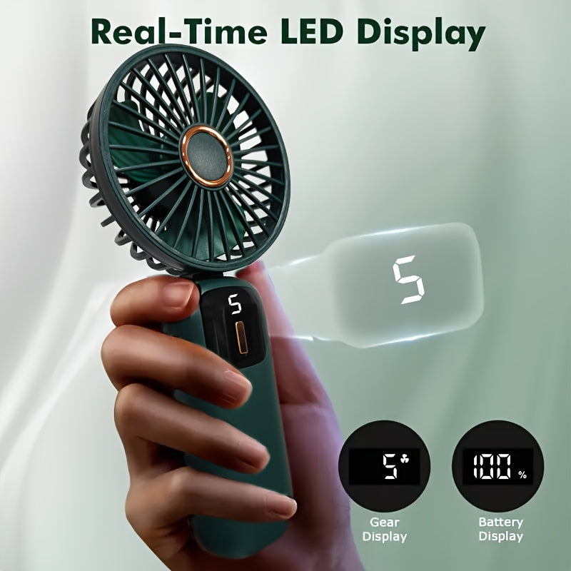 Compact Mini Fan with Digital Display, USB Charging, 5 Speed Settings, Portable and Foldable - Ideal for Travel, Commuting, Makeup, and Office.