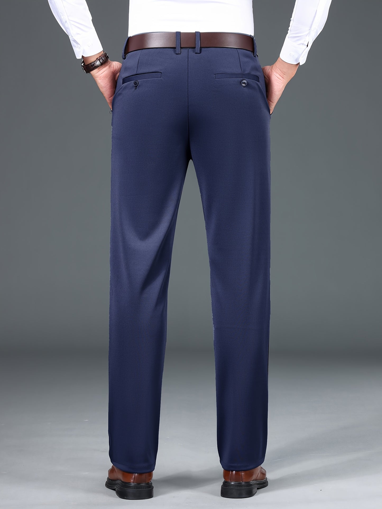 Men's solid color straight leg pants suitable for both business and casual wear.