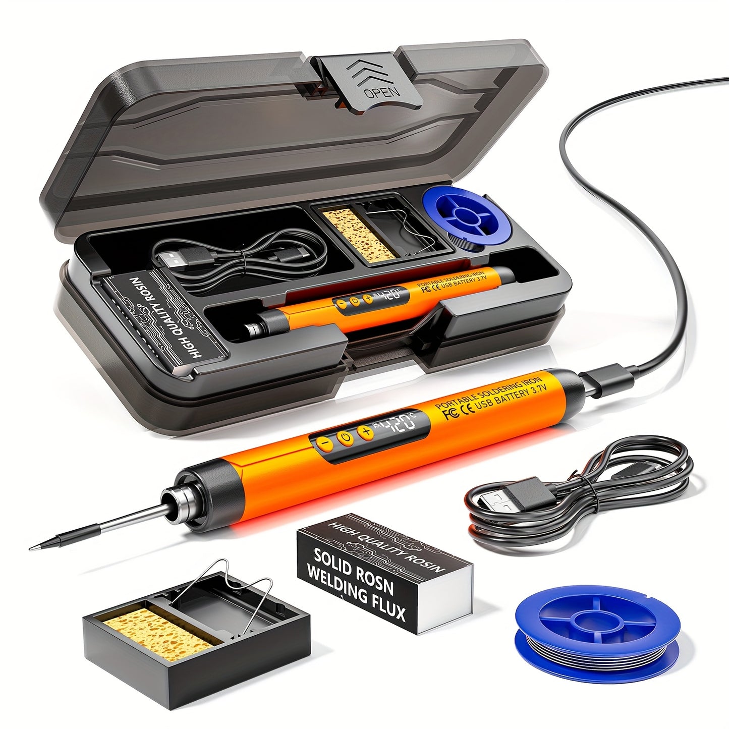 Portable USB soldering iron with adjustable temperature, LCD display, and rechargeable battery. No assembly needed. Includes storage box. Ideal for home DIY projects. Available in red