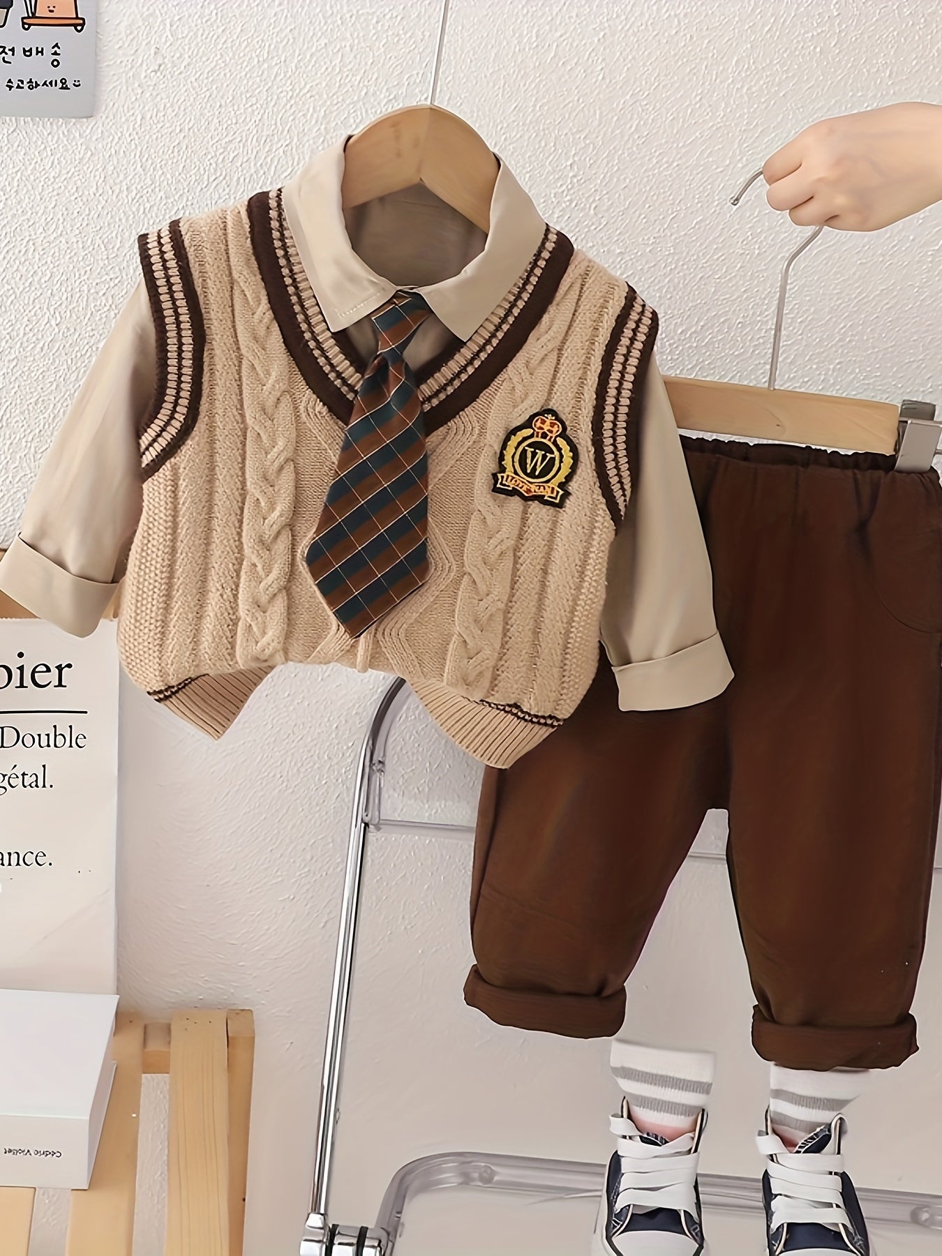 Boys' 3pcs Fall Outfit Set: Cotton Blend Shirt, Vest & Pants with Free Tie - Casual Style for Spring/Fall, Ideal for Outdoors