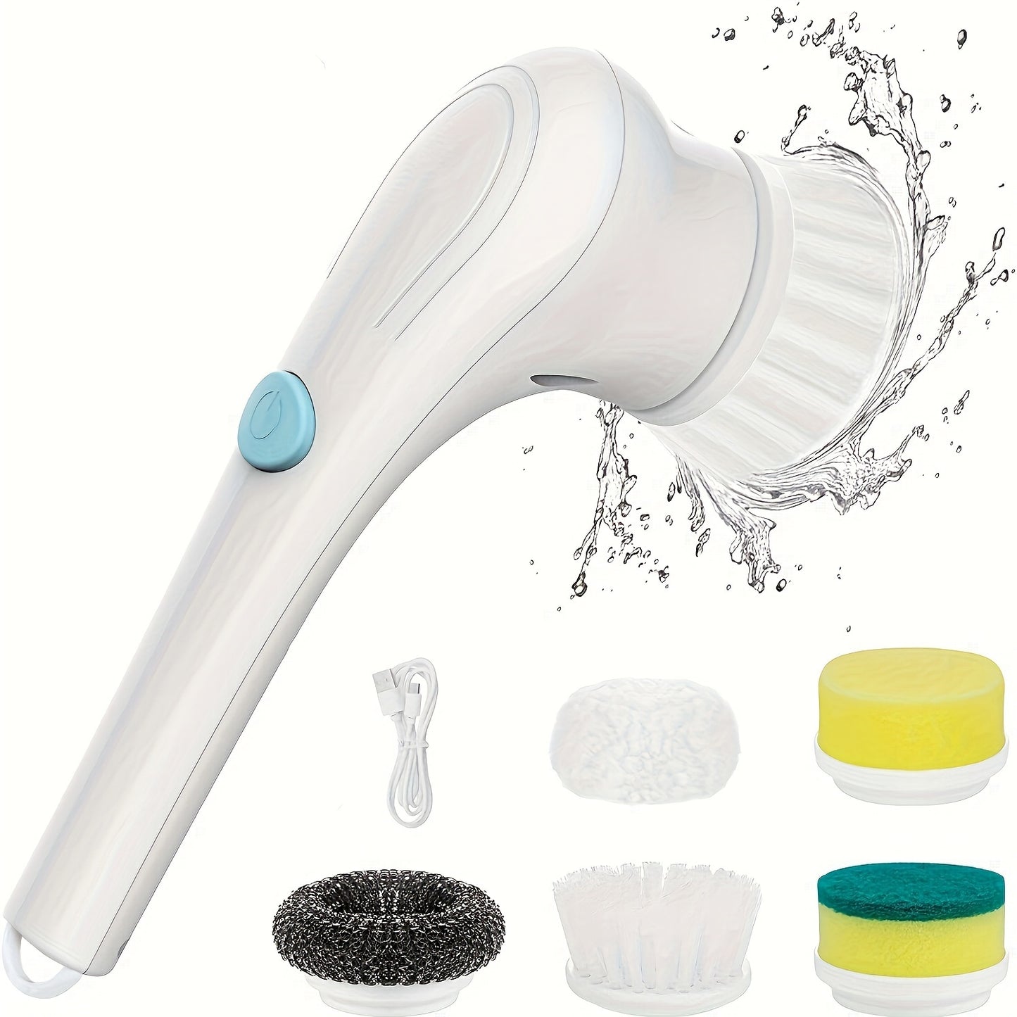 A cordless handheld cleaning brush with 5 interchangeable brush heads for use in bathrooms and kitchens.