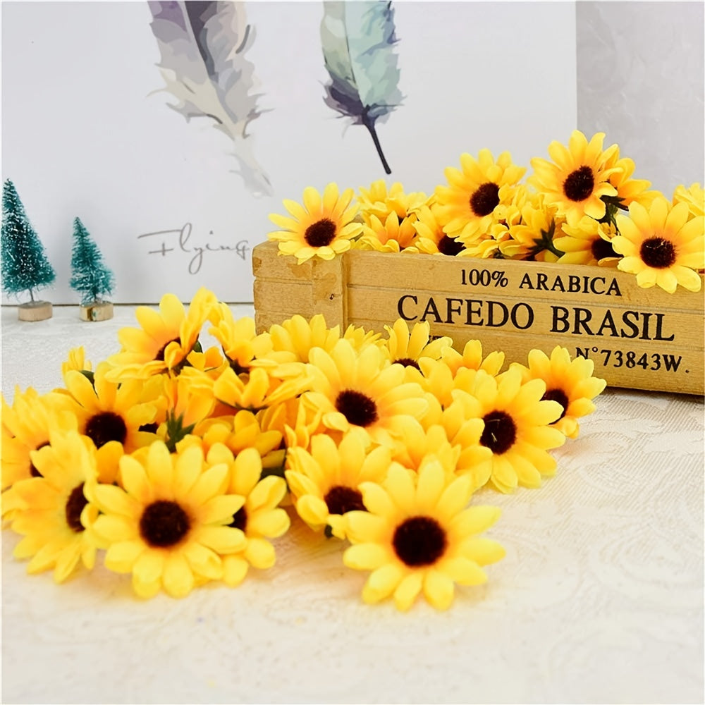 Artificial yellow sunflower heads for DIY wedding decor and gifts.