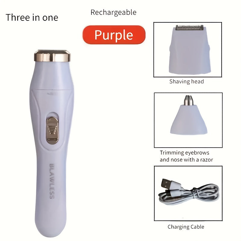 3-in-1 Electric Hair Removal Set for women - USB rechargeable, facial trimmer, nose hair clipper, full body depilatory, lithium battery, ideal gift.