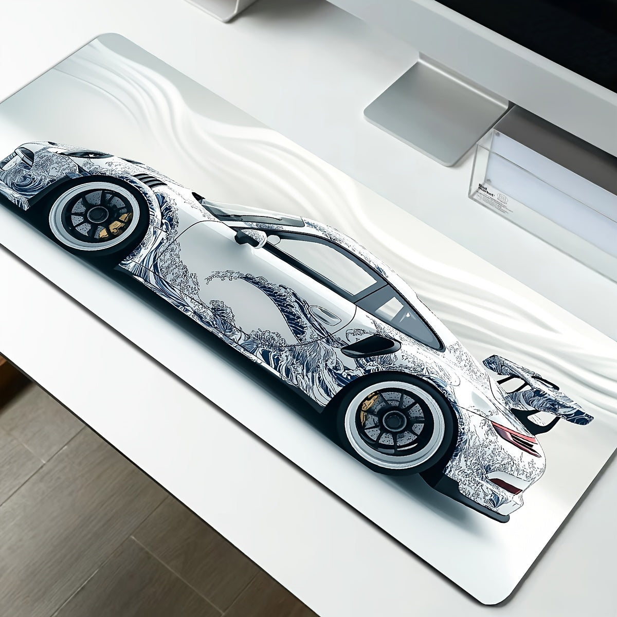 Large white Ukiyo-e style gaming mouse pad with non-slip rubber base, suitable for gaming and keyboard use, 89.92 X 39.88 cm.