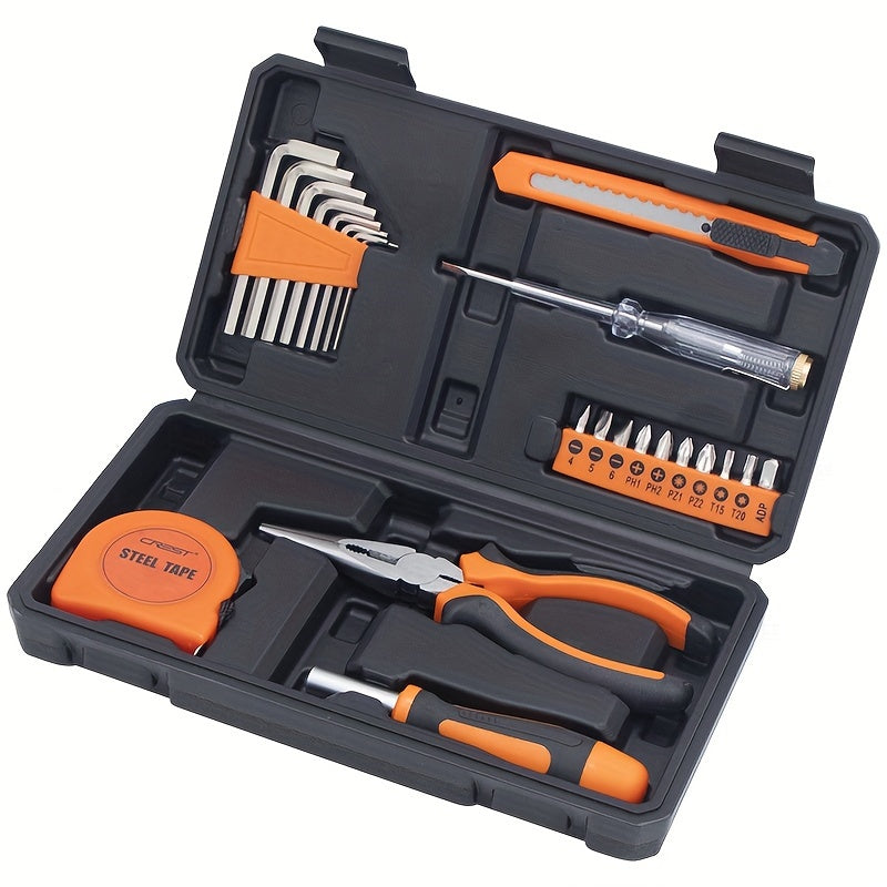 23-piece home repair tool kit in plastic case, multi-functional hand tools for household maintenance, manual hardware tools without battery.