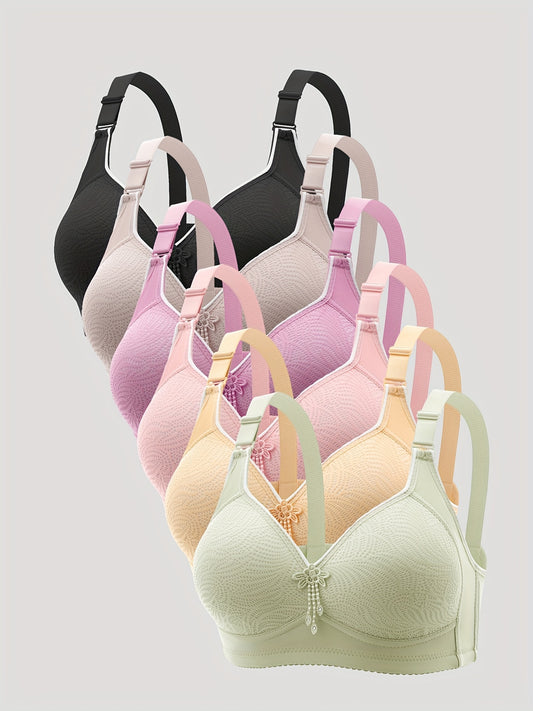 6pcs Elegant & Comfy Wireless Bras with Appliques, Women's Lingerie