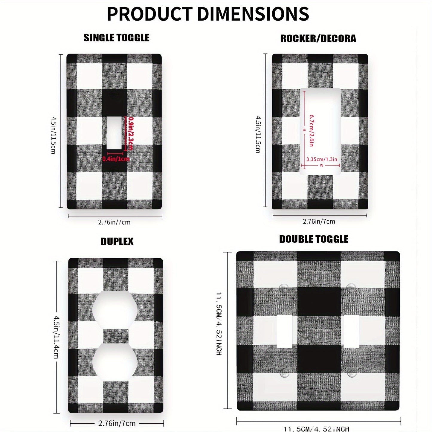 1 Ta black & white buffalo plaid devor plitkasi qopqog'i, 1-gang/2-gang yoritish kalit plitkasi, elektrsiz, tozalash oson, uy ofisi oshxona bezaklari uchun - 1 to'plam