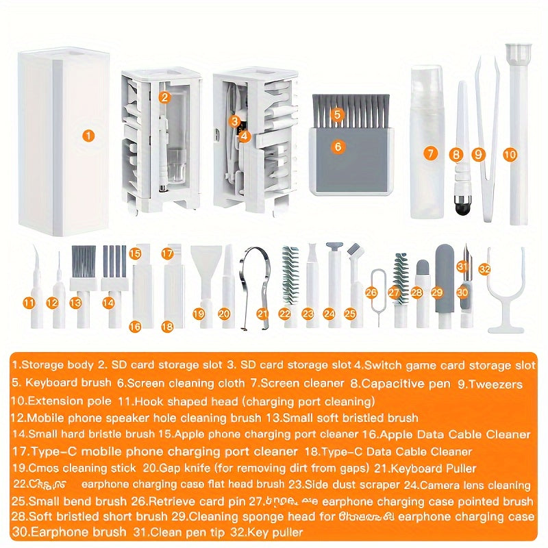 32-in-1 cleaning kit with brushes for keyboards, earphones, iPads, phones, and cameras.