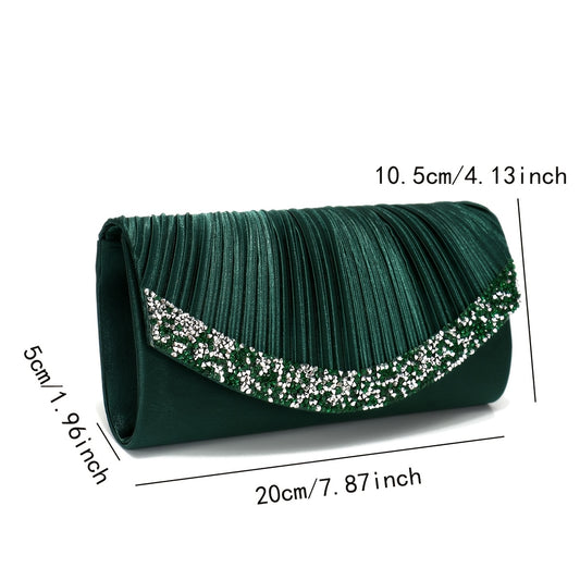 Elegant satin evening clutch bags with rhinestones and matching jewelry set for weddings and special occasions. Perfect gift for Eid or Ramadan.