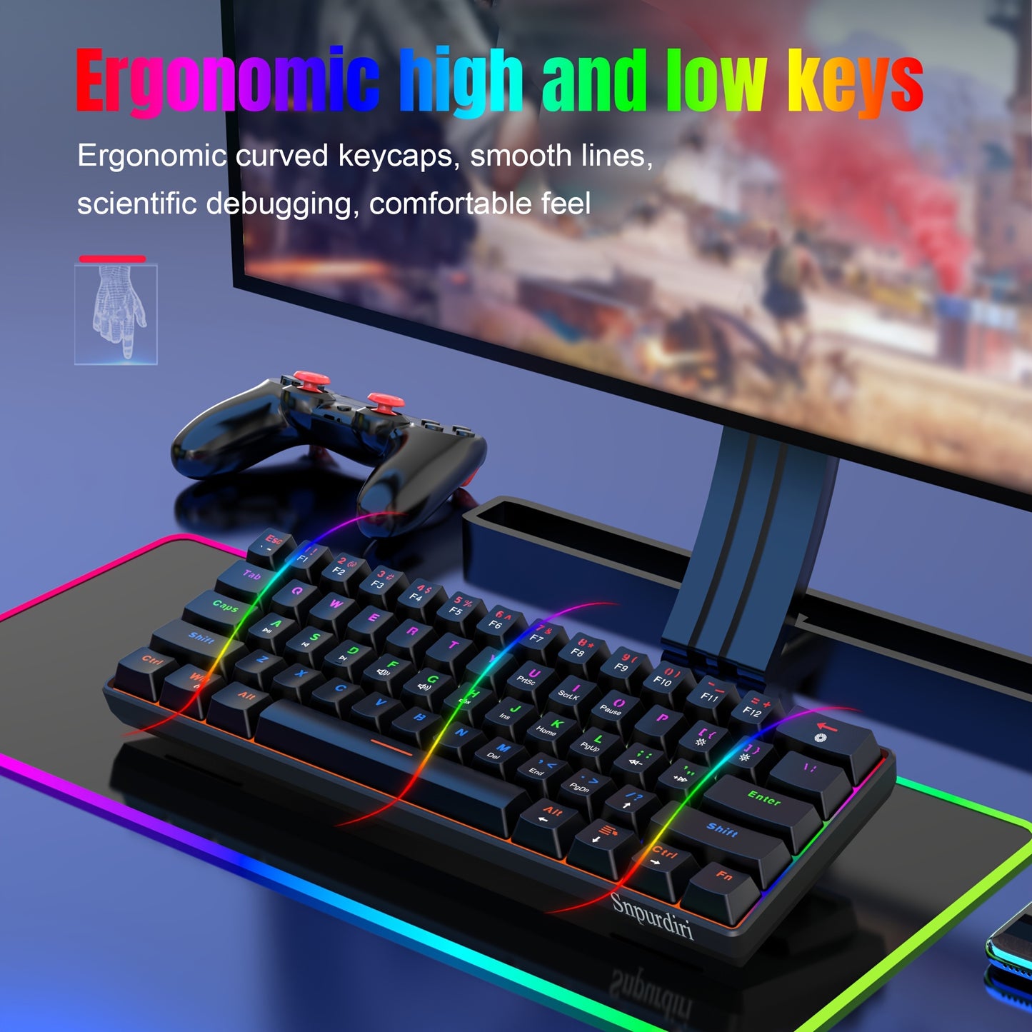 Snpurdiri 60% Mechanical Gaming Keyboard with LED Backlight, Blue and Red Switches, Portable Design