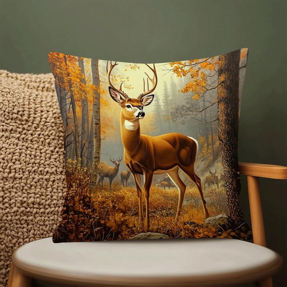 1 piece of stylish autumn elk forest scene cushion cover made of polyester. Features machine washable fabric, zipper closure, and is suitable for all seasons. Perfect for home decor and use by multi-position sleepers. Measures 45.01cm. *Cushion not