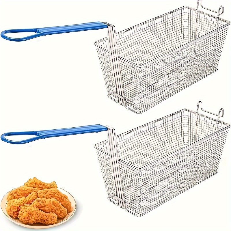 Dive into delicious dishes with a set of two Cast Iron Deep Fryer Baskets featuring convenient dip handles. These baskets come in a sleek clear finish and are dishwasher safe, making cleanup a breeze. Perfect for frying up French fries, chicken, and