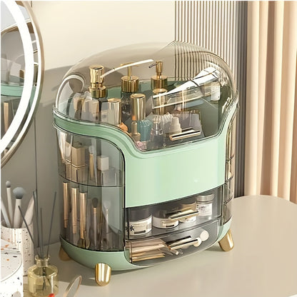 Makeup organizer with large beauty box for vanity or desk storage.