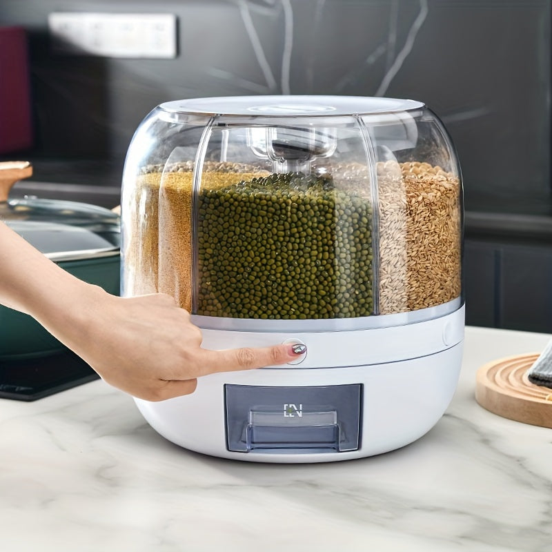 Large capacity rotating rice dispenser for storing rice, cereals, grains, flours, and pet food. Airtight, insect-proof, and space-saving kitchen organizer.