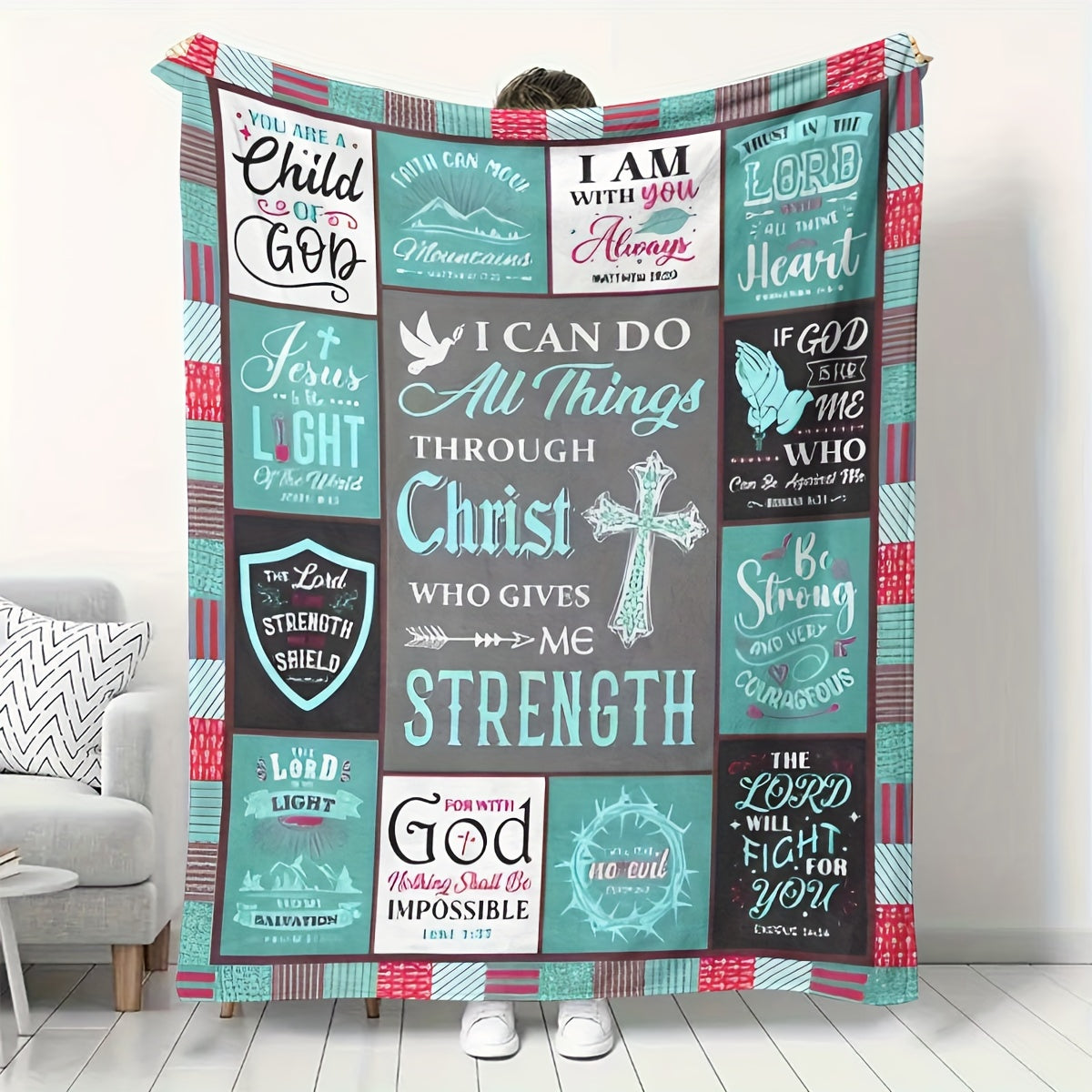 One piece of Christian Inspirational Quotes Flannel Fleece Throw Blanket featuring Religious Scripture Verses. This tear-resistant blanket is perfect for all seasons and has a digital print design. Made of polyester in a contemporary style, it is a great