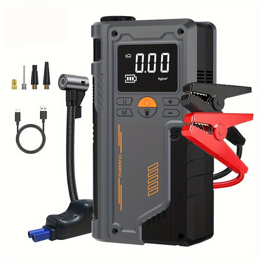 8000mAh Jump Starter Pack with 5-in-1 Charger, Inflator, Compressor, Charger, Flashlight - Portable for Gasoline and Diesel Vehicles, Includes Adapters.