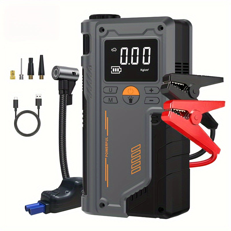 Jkuoo Portable Car Jump Starter and Tire Inflator - USB rechargeable, with LED display, flashlight, and power bank.