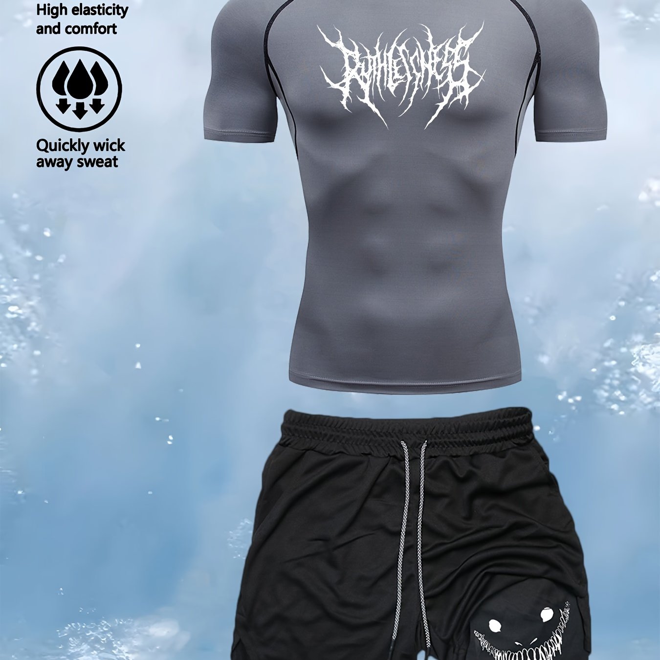 Men's athletic set with high-stretch tee and thorns print, paired with double-layer shorts for gym, running, and fitness.