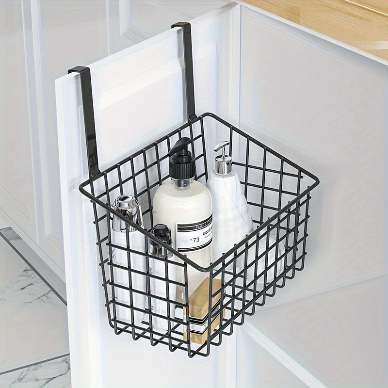 Over-the-door storage basket made of durable metal, easy to install and suitable for bathrooms, kitchens, and balconies. Comes in black or white.