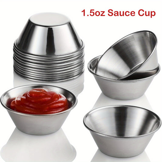 3 stainless steel sauce cups, 1.5oz each, reusable and commercial grade for home or restaurant use, perfect for charcuterie or cheese boards during holidays.