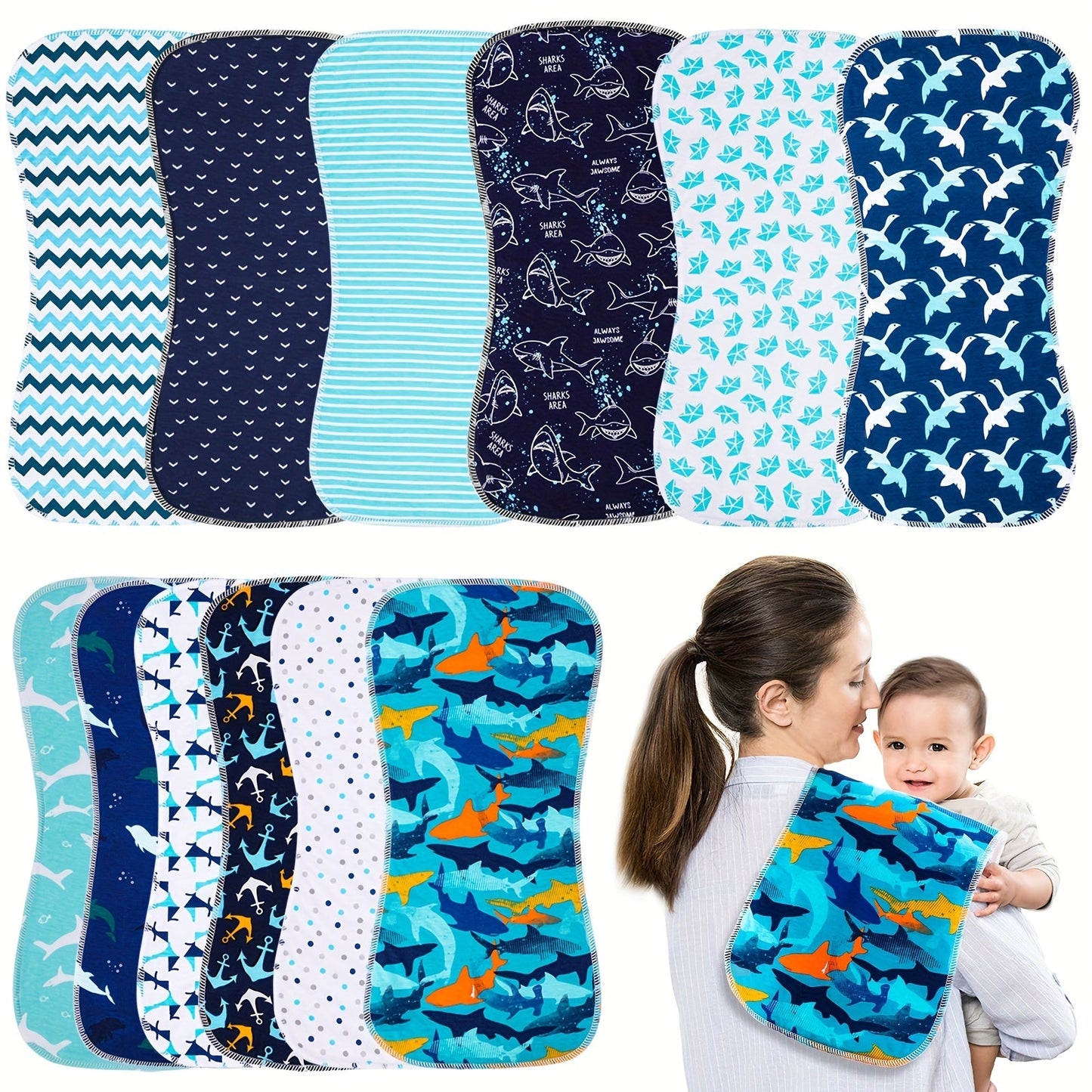 Set of 3 cotton burp cloths for baby boys, designed for extra absorbency and softness. Perfect for newborns, these large-sized cloths are great for catching spit up and keeping baby clean.